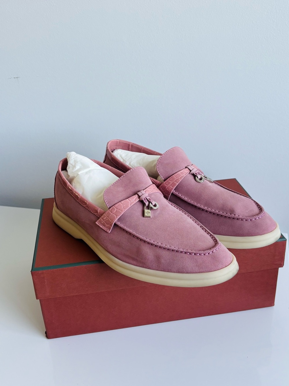 2025 Loro Piana Pink Alligator Summer Walk Loafers size 39.5